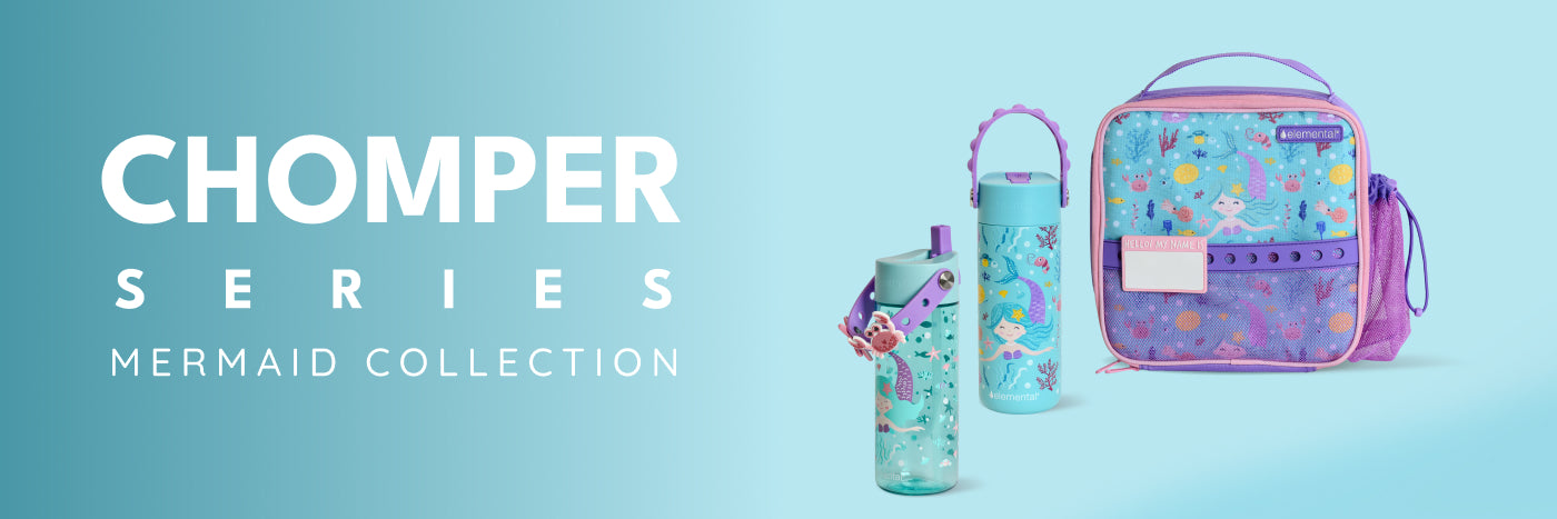 Lunch bag and water bottle with mermaid design on a light blue background, featuring the Chomper Series Mermaid Collection branding.