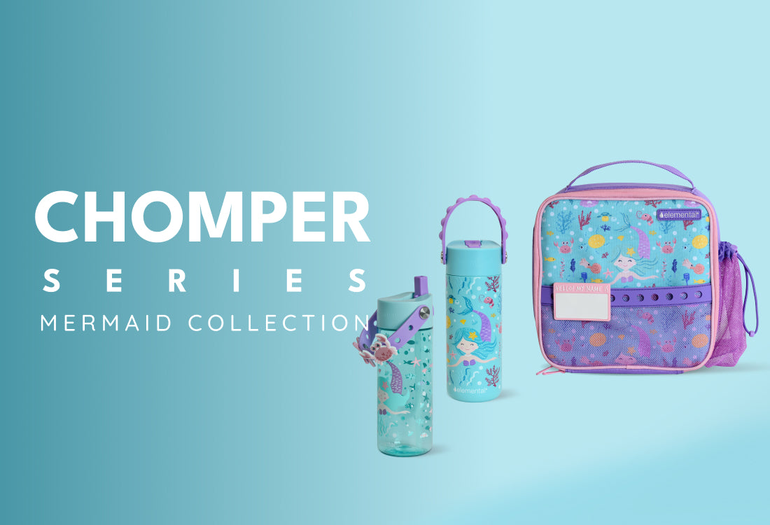 Chomper Series Mermaid Collection lunch bag and water bottle on a light blue background