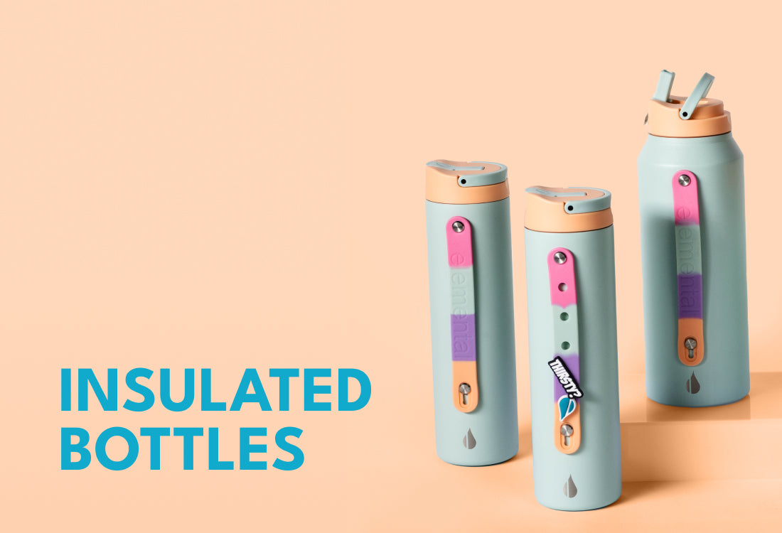 Four insulated water bottles with text on peach background.