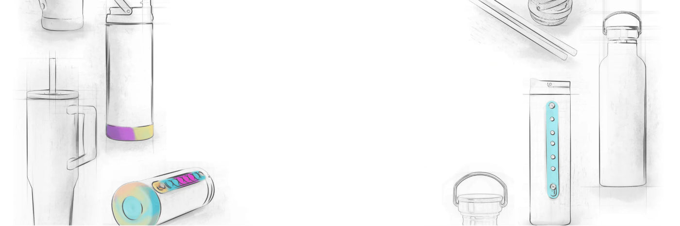 Collection of clear water bottles with colorful labels on a white background