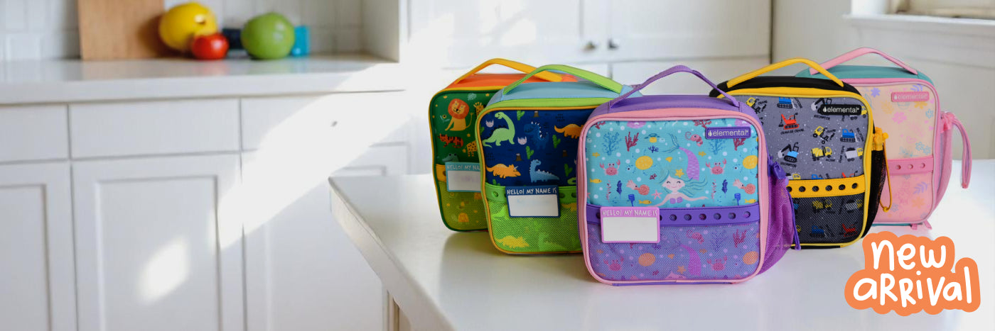 Colorful children's lunch bags on a kitchen counter with 'new arrival' text.