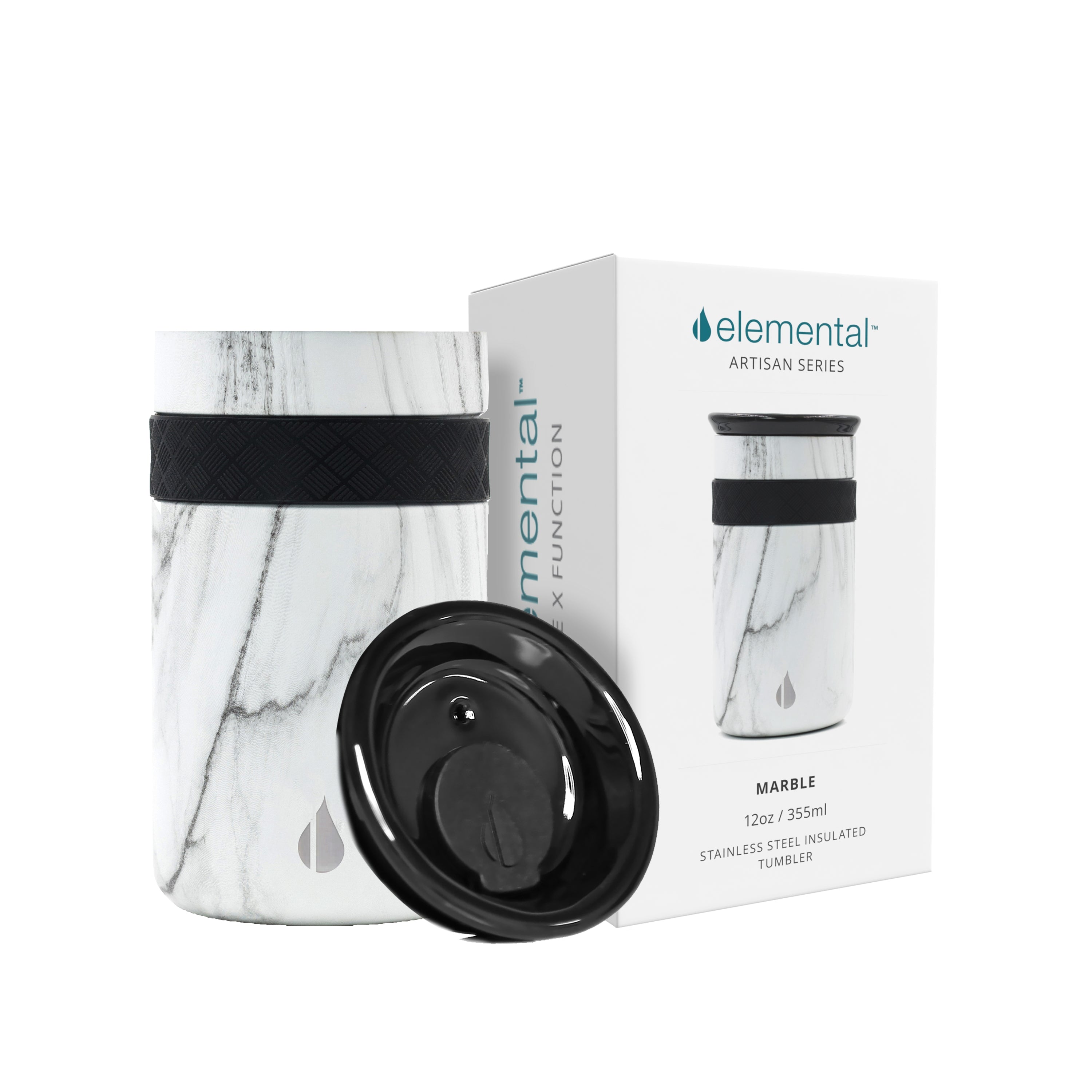 Elemental 12oz White Marble Coffee Tumbler Insulated Vacuum Travel Mug Artisan Ceramic Lid, Fit