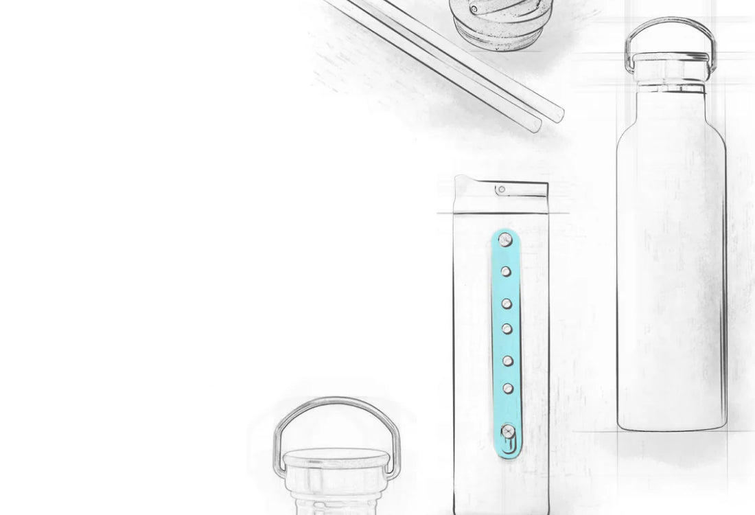 Clear water bottles with blue accents on a white background