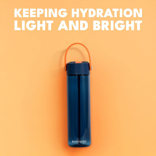 Dark blue Elemental water bottle with orange handle on orange background