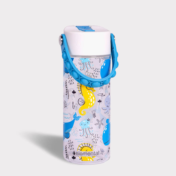 Elemental 18oz Ocean Friends Kids Splash Water Bottle for School with Innovative Pop Fidget Strap and Leakproof Spout with Straw Tritan BPA Free