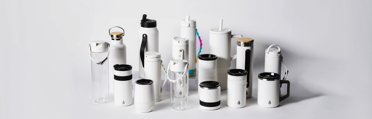 Collection of white water bottles and tumblers in various styles